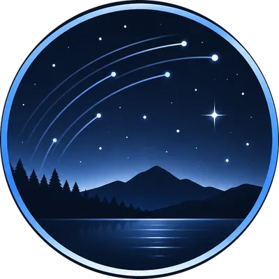 Skylapse — star trails over mountains and a lake, inside a circular frame